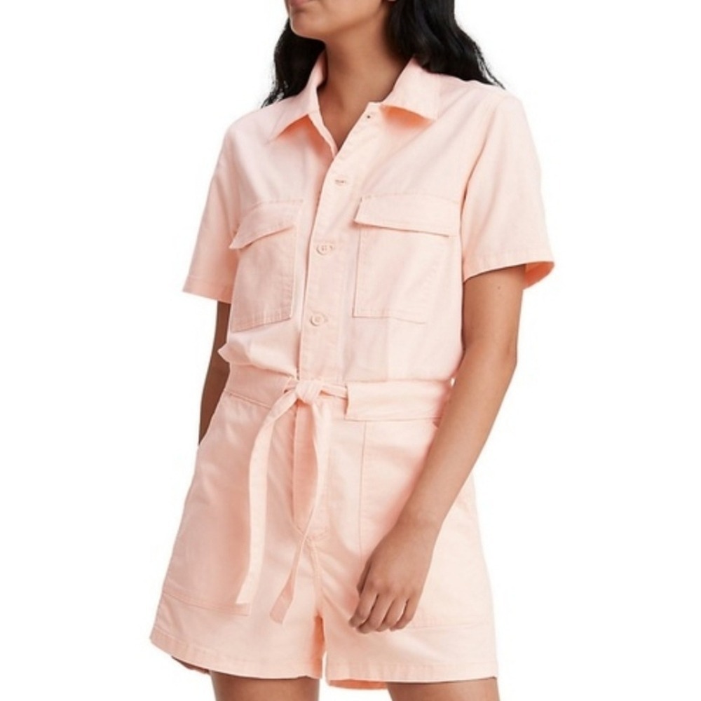Levis Womens Denim Romper Utility Shortalls Pink Peach XL NWT